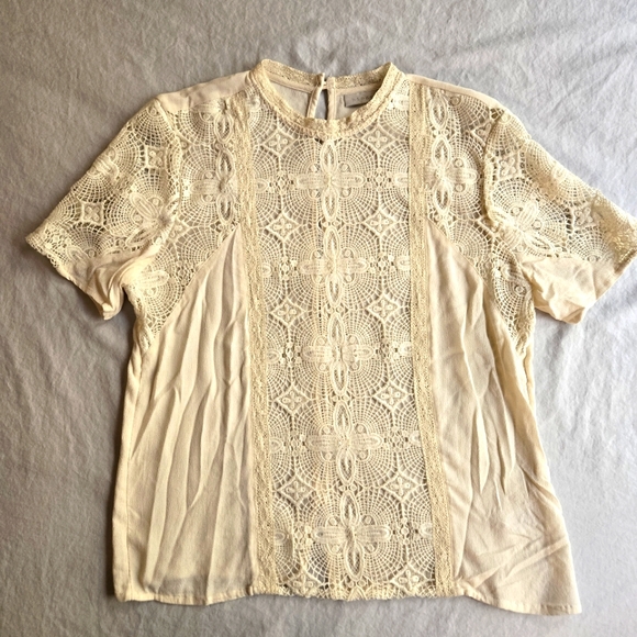 hinge Tops - Hinge Antique White Ivory Lace Front Short Sleeve Blouse M - Victorian